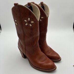 Vtg 70's Acme Womens Brown Leather Floral Inlay Western Cowboy Boots 6.5M